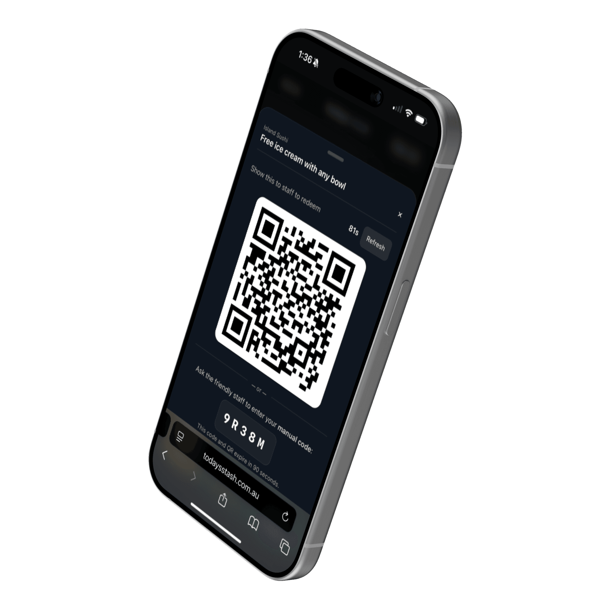 Today’s Stash redeem in-store QR code screen